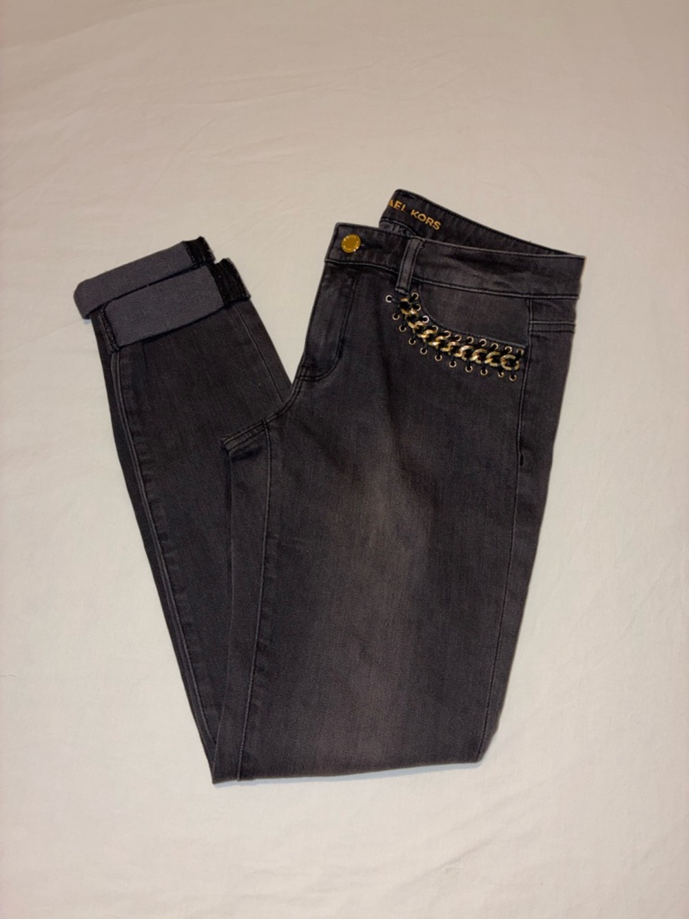 Michael Kors Black Skinny Jeans with Gold Chain Detail